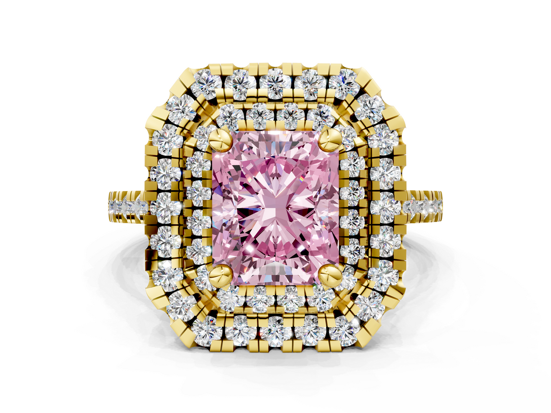 Yellow gold Double Halo Fancy Pink Radiant  Diamond Pave Band with Four-Prong Setting_44