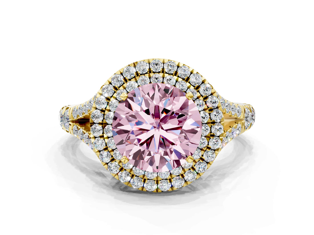 Yellow gold Double Halo Fancy Pink Round Cut Diamond Split Shank Engagement Ring with Four-Prong Setting_3