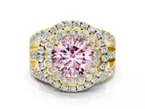 Yellow gold Double Halo Fancy Pink Round Cut Diamond Split Shank Pave Set Ring_3