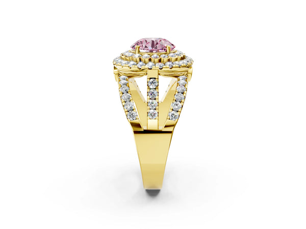 Yellow Gold Round Scalloped Double Halo Engagement Ring Setting for Fancy Pink Center