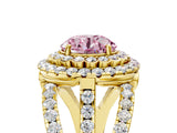 Yellow gold Double Halo Fancy Pink Round Cut Diamond Split Shank Pave Set Ring_8