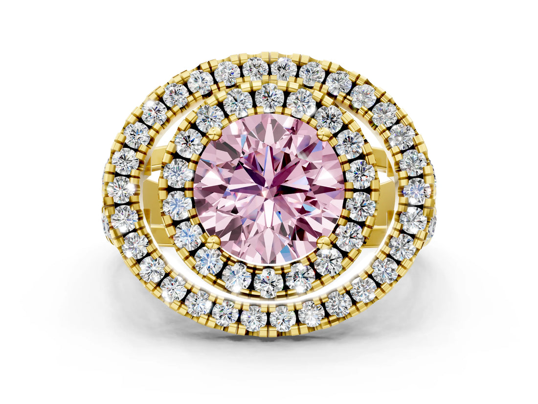 Yellow gold Double Halo Fancy Pink Round Cut Diamond Split Shank Prong Setting Ring