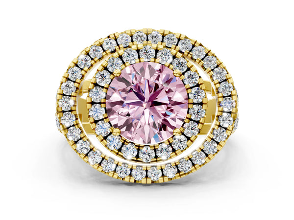 Yellow gold Double Halo Fancy Pink Round Cut Diamond Split Shank Prong Setting Ring