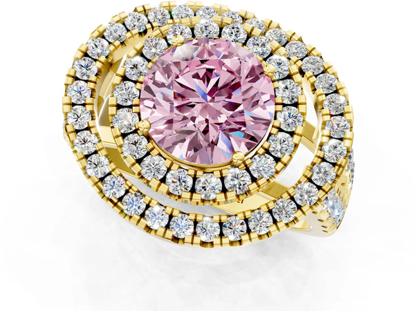 Yellow gold Double Halo Fancy Pink Round Cut Diamond Split Shank Prong Setting Ring