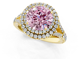 Yellow gold Double Halo Fancy Pink Round  Cut Diamond Split Shank Ring with Four Prong Setting_1