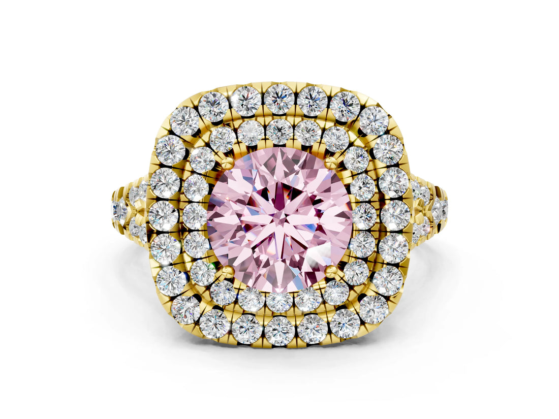 Yellow gold Double Halo Fancy Pink Round  Cut Pave Split Shank Prong Set Ring_15