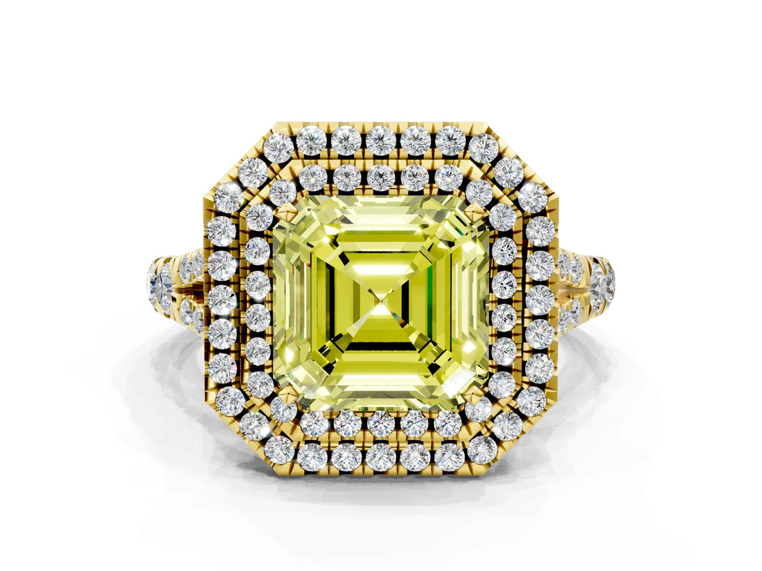 Yellow gold Double Halo Fancy Yellow Asscher Cut Diamond Split Shank Engagement Ring with Four-Prong Setting_3