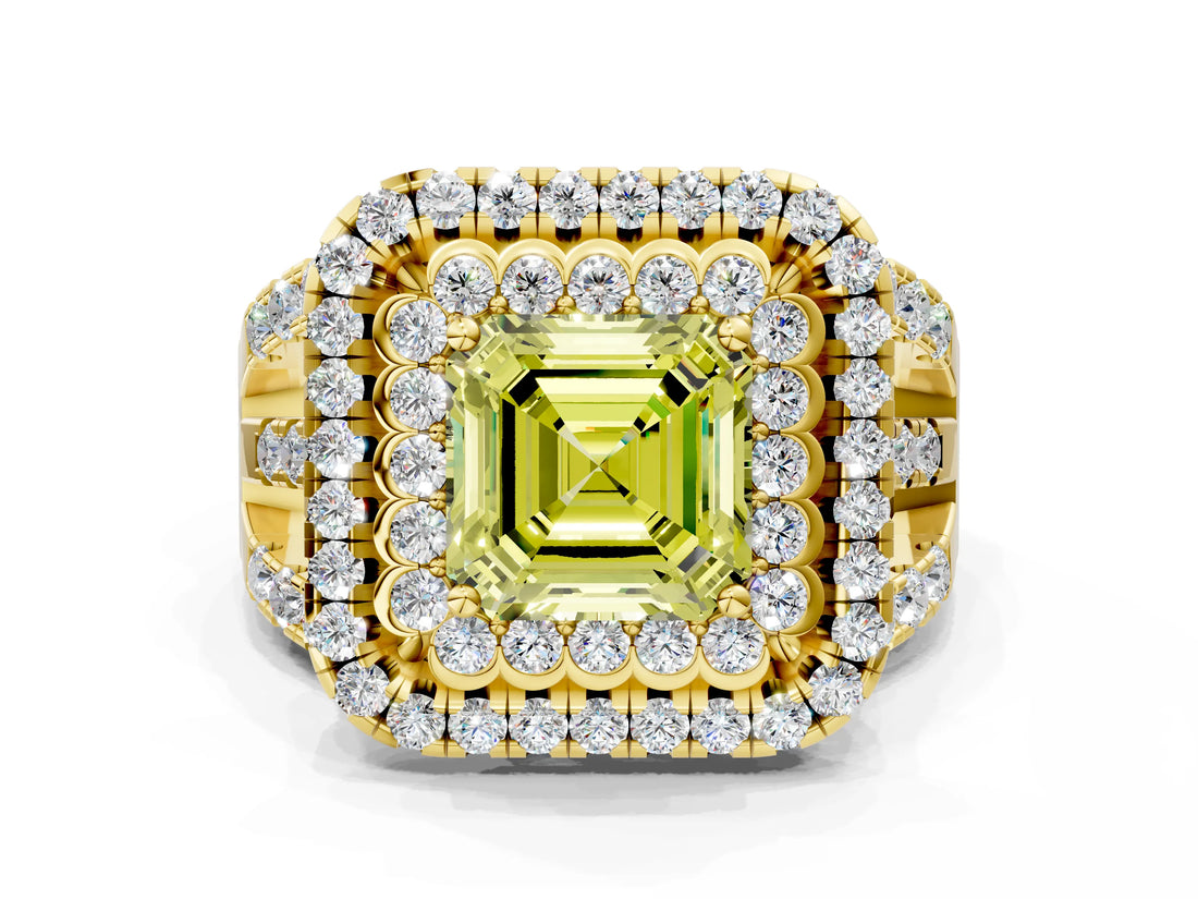 Yellow gold Double Halo Fancy Yellow Asscher Cut Diamond Split Shank Pave Set Ring_3