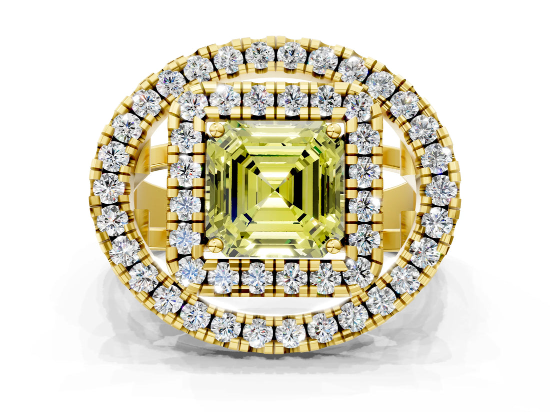 Yellow gold Double Halo Fancy Yellow Asscher Cut Diamond Split Shank Prong Setting Ring