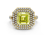 Yellow gold Double Halo Fancy Yellow Asscher  Cut Diamond Split Shank Ring with Four Prong Setting