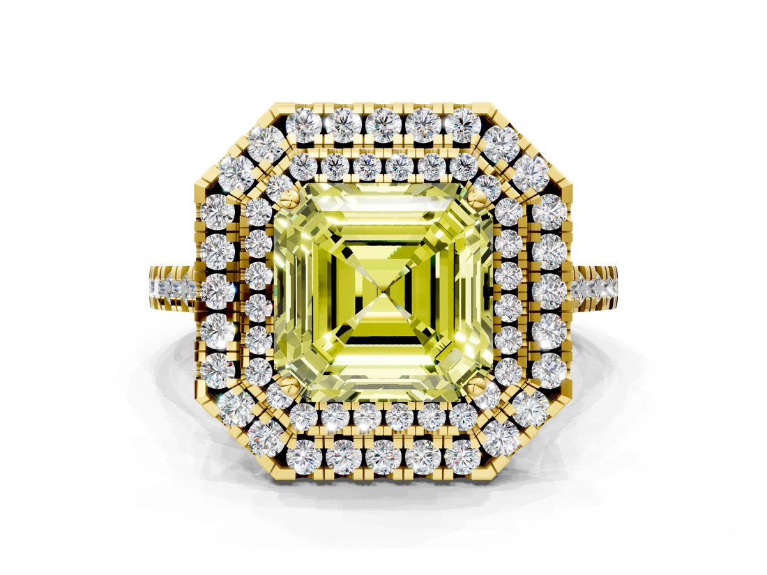 Yellow gold Double Halo Fancy Yellow Asscher  Diamond Pave Band with Four-Prong Setting