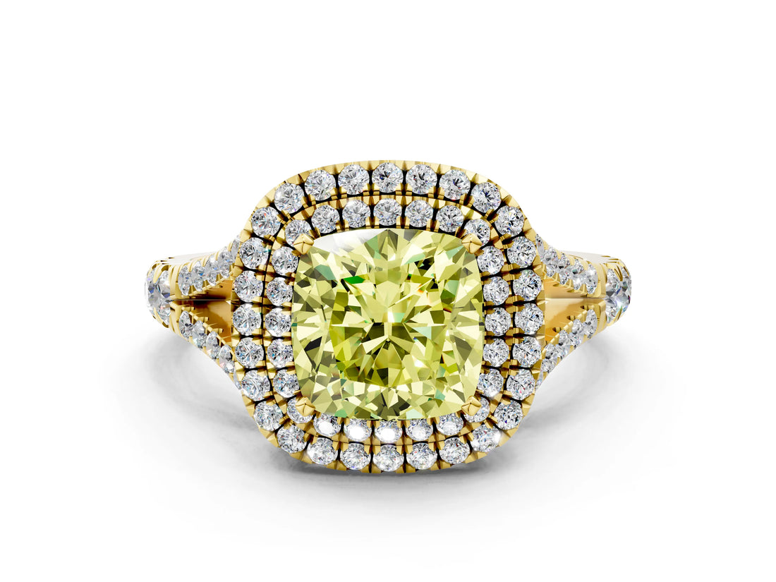 Yellow gold Double Halo Fancy Yellow Cushion -Shaped Split Shank Diamond Ring with Prong Setting_15