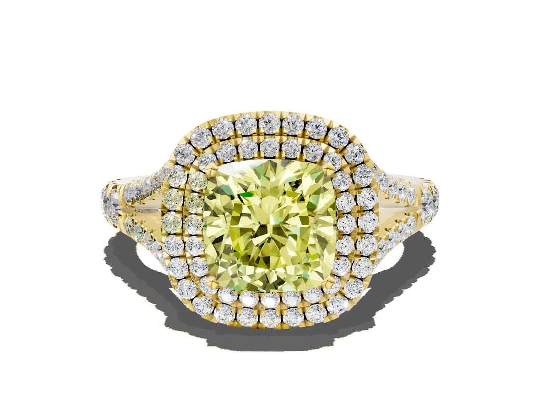 Yellow gold Double Halo Fancy Yellow Cushion Cut Diamond Split Shank Engagement Ring with Four-Prong Setting_3