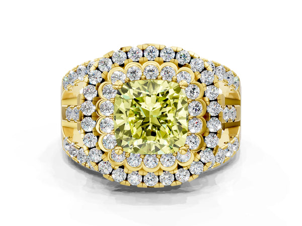 Yellow gold Double Halo Fancy Yellow Cushion Cut Diamond Split Shank Pave Set Ring