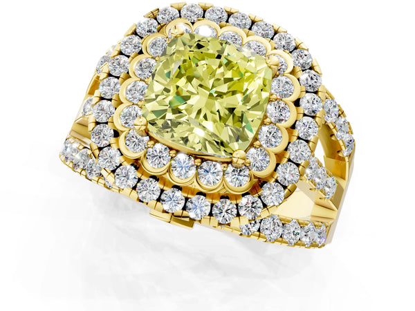 Yellow gold Double Halo Fancy Yellow Cushion Cut Diamond Split Shank Pave Set Ring