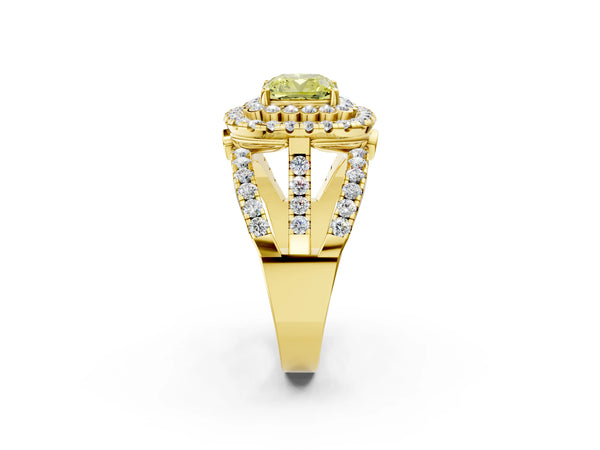 Yellow gold Double Halo Fancy Yellow Cushion Cut Diamond Split Shank Pave Set Ring
