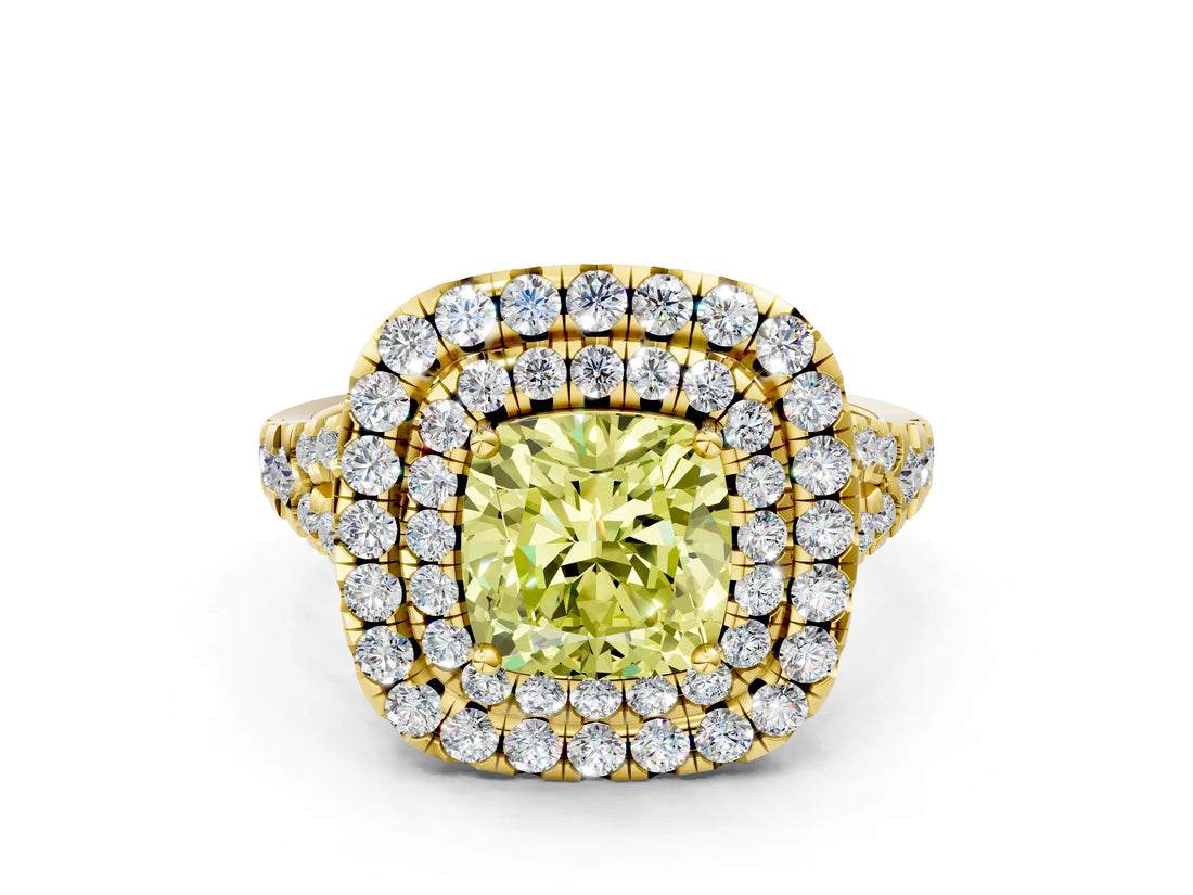 Yellow gold Double Halo Fancy Yellow Cushion  Cut Pave Split Shank Prong Set Ring_15