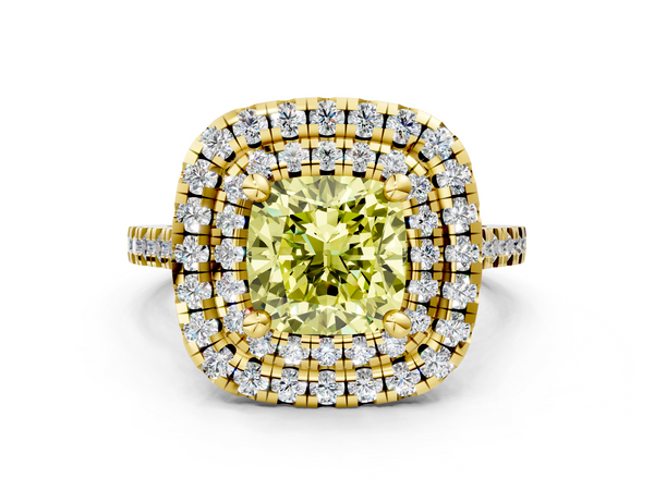 Yellow gold Double Halo Fancy Yellow Cushion Cut Diamond Pavé Band with Four-Prong Setting