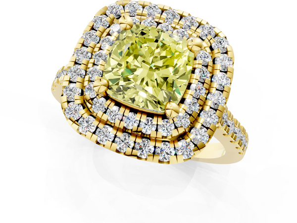 Yellow gold Double Halo Fancy Yellow Cushion Cut Diamond Pavé Band with Four-Prong Setting