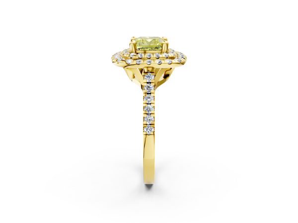 Yellow gold Double Halo Fancy Yellow Cushion Cut Diamond Pavé Band with Four-Prong Setting