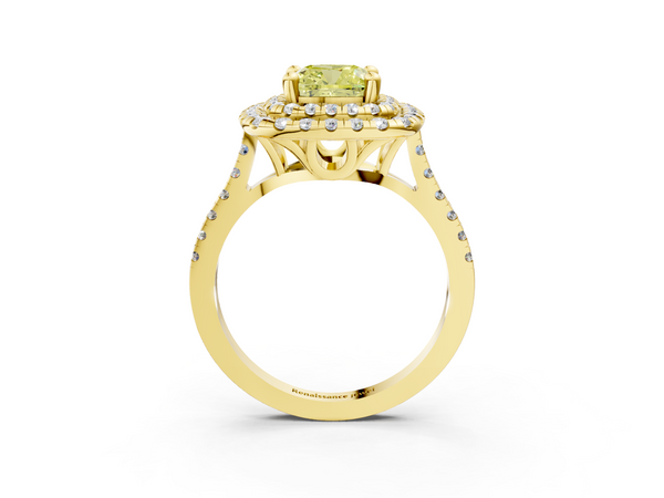 Yellow gold Double Halo Fancy Yellow Cushion Cut Diamond Pavé Band with Four-Prong Setting