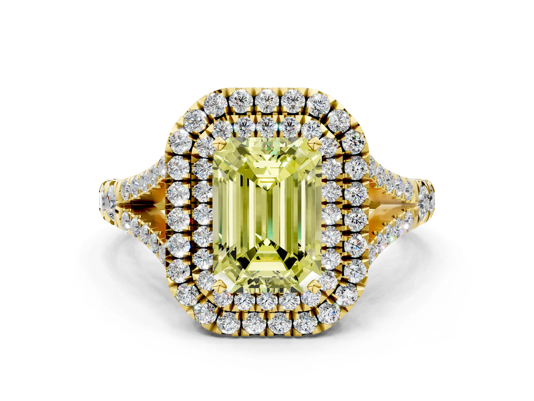 Yellow gold Double Halo Fancy Yellow Emerald -Shaped Split Shank Diamond Ring with Prong Setting_15
