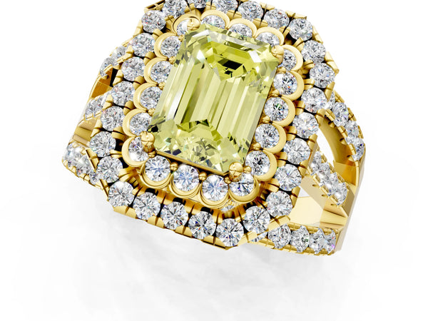 Yellow gold Double Halo Fancy Yellow Emerald Cut Diamond Split Shank Pave Set Ring