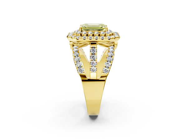 Yellow gold Double Halo Fancy Yellow Emerald Cut Diamond Split Shank Pave Set Ring