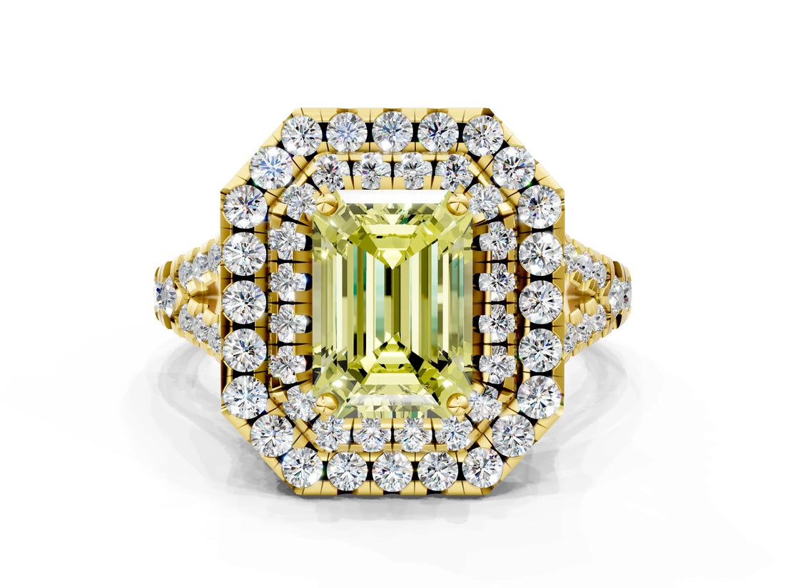 Yellow gold Double Halo Fancy Yellow Emerald  Cut Pave Split Shank Prong Set Ring_15