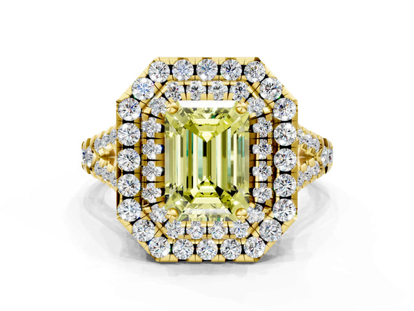 Yellow Gold Emerald Cut Halo Pave Split Shank Engagement Ring Setting for Fancy Yellow Center