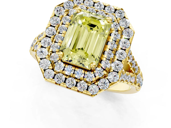 Yellow Gold Emerald Cut Halo Pave Split Shank Engagement Ring Setting for Fancy Yellow Center