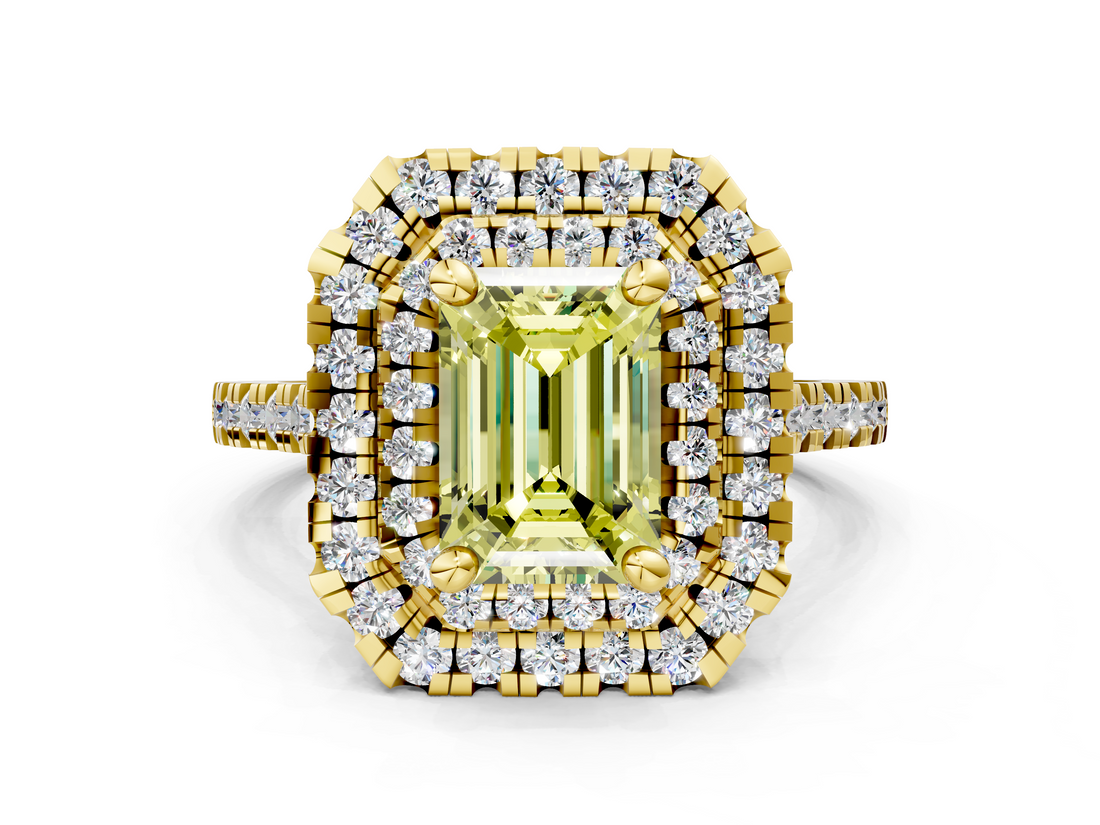 Yellow gold Double Halo Fancy Yellow Emerald  Diamond Pave Band with Four-Prong Setting_43