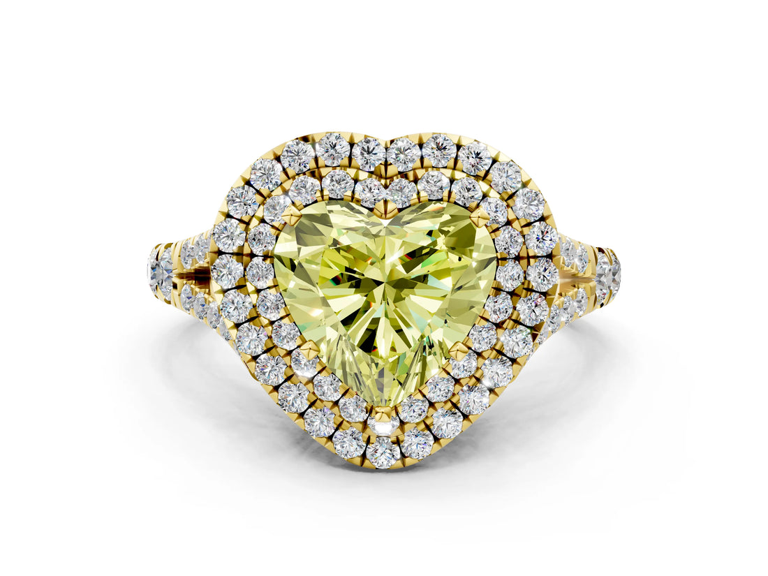 Yellow gold Double Halo Fancy Yellow Heart -Shaped Split Shank Diamond Ring with Prong Setting_15