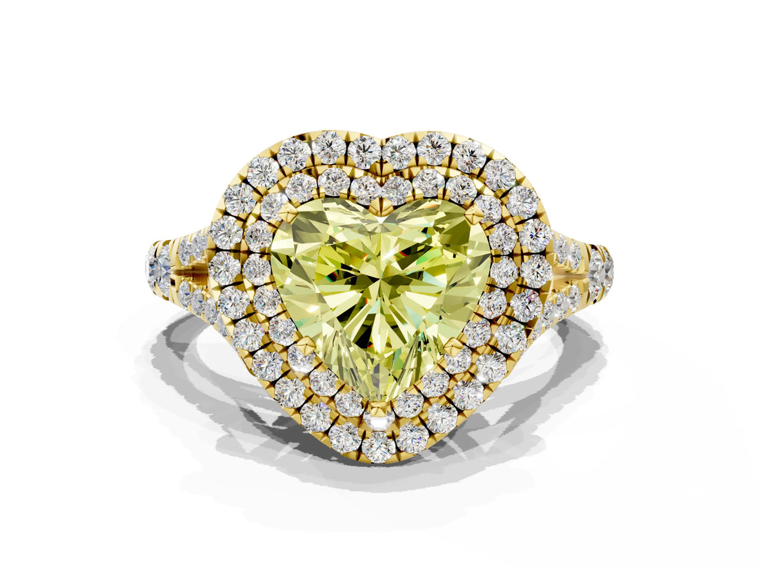 Yellow gold Double Halo Fancy Yellow Heart Cut Diamond Split Shank Engagement Ring with Four-Prong Setting_3