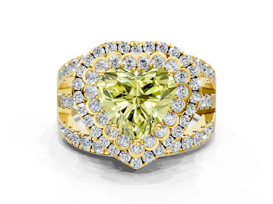 Yellow gold Double Halo Fancy Yellow Heart Cut Diamond Split Shank Pave Set Ring_3