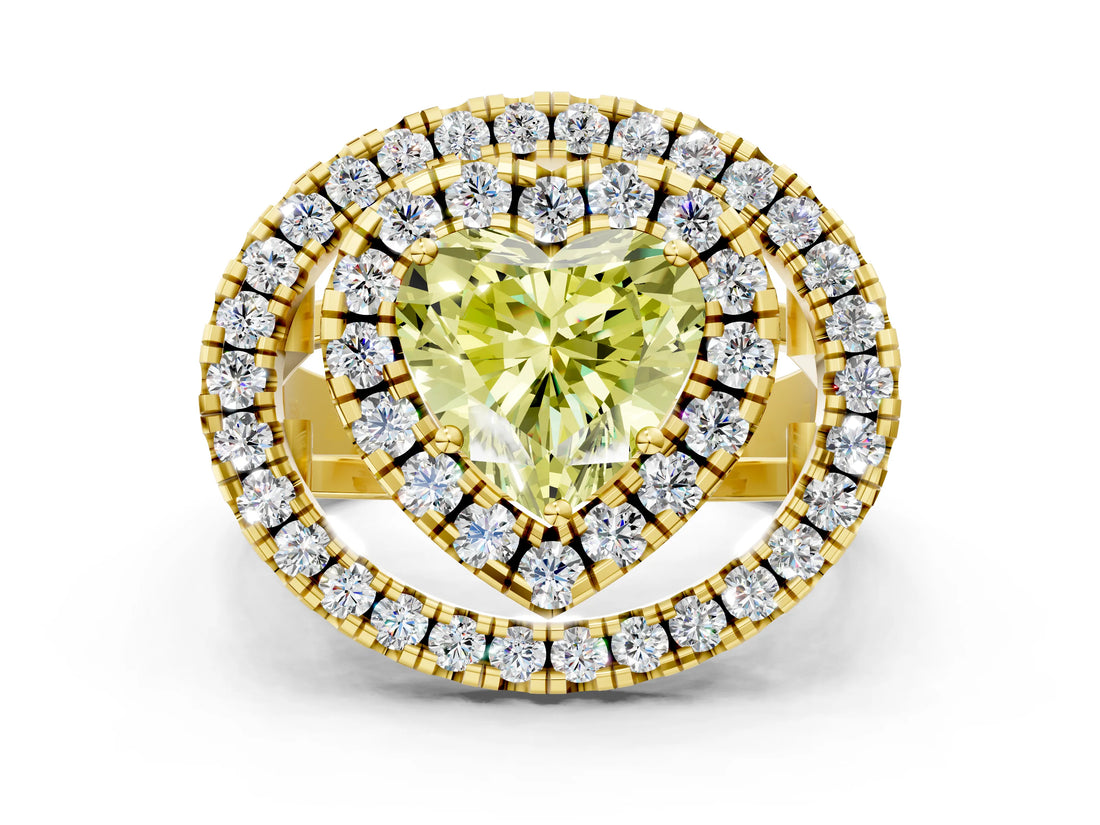 Yellow gold Double Halo Fancy Yellow Heart Cut Diamond Split Shank Prong Setting Ring