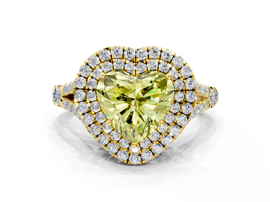 Yellow gold Double Halo Fancy Yellow Heart  Cut Diamond Split Shank Ring with Four Prong Setting_20