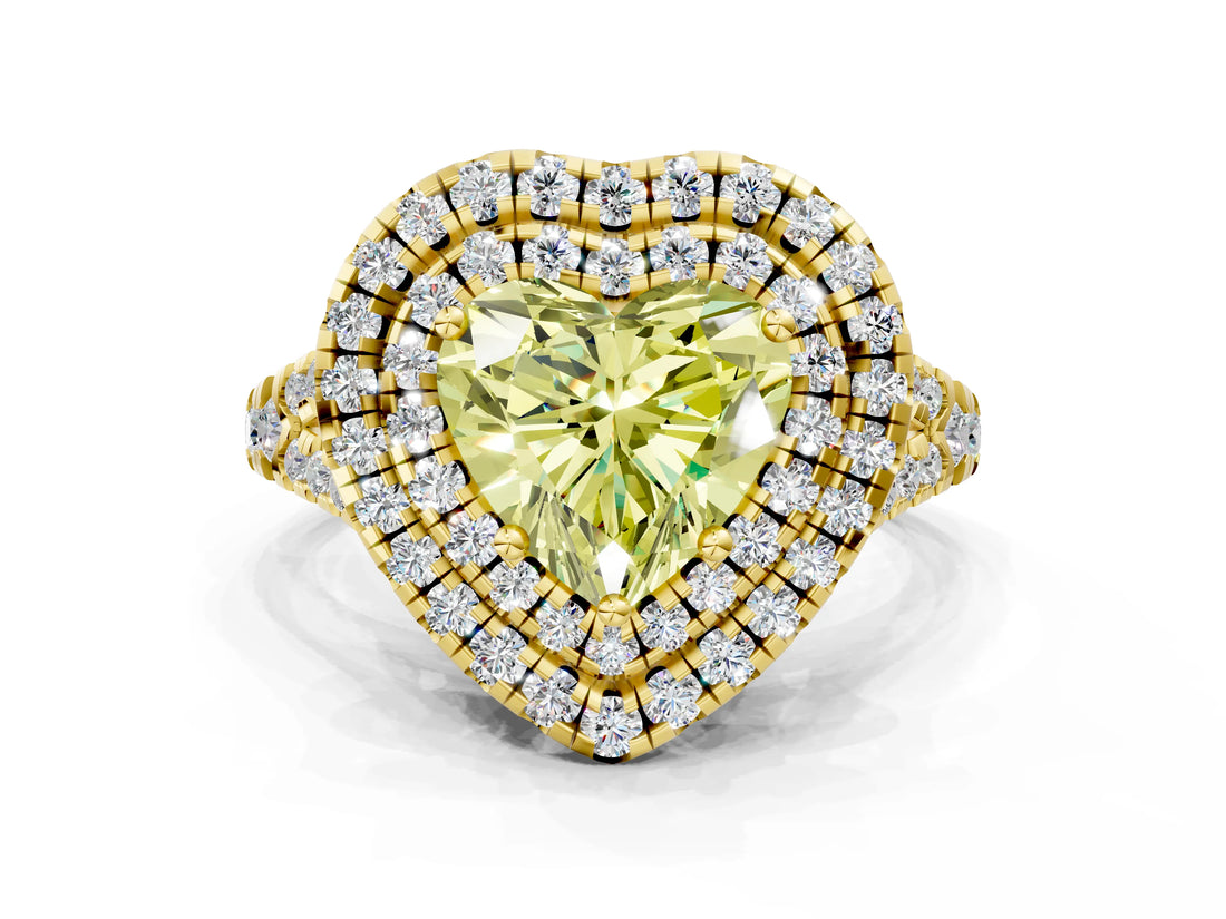 Yellow gold Double Halo Fancy Yellow Heart  Cut Pave Split Shank Prong Set Ring_15
