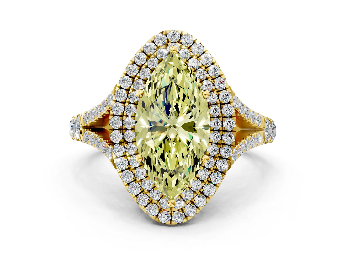 Yellow gold Double Halo Fancy Yellow Marquise -Shaped Split Shank Diamond Ring with Prong Setting_15