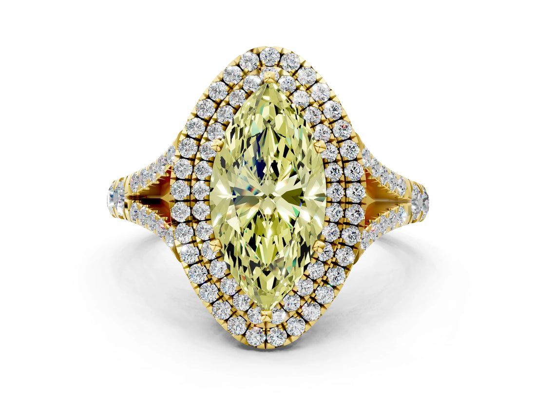 Yellow gold Double Halo Fancy Yellow Marquise Cut Diamond Split Shank Engagement Ring with Four-Prong Setting_3