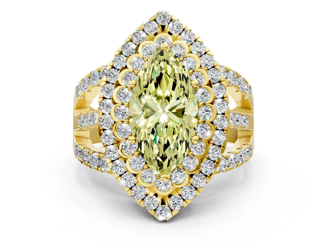 Yellow gold Double Halo Fancy Yellow Marquise Cut Diamond Split Shank Pave Set Ring_3
