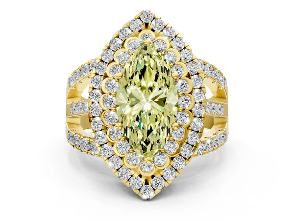 Yellow Gold Marquise Scalloped Double Halo Engagement Ring Setting for Fancy Yellow Center