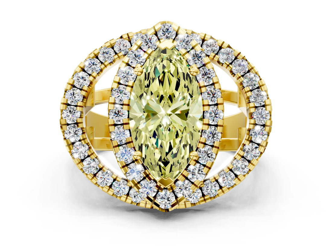 Yellow gold Double Halo Fancy Yellow Marquise Cut Diamond Split Shank Prong Setting Ring