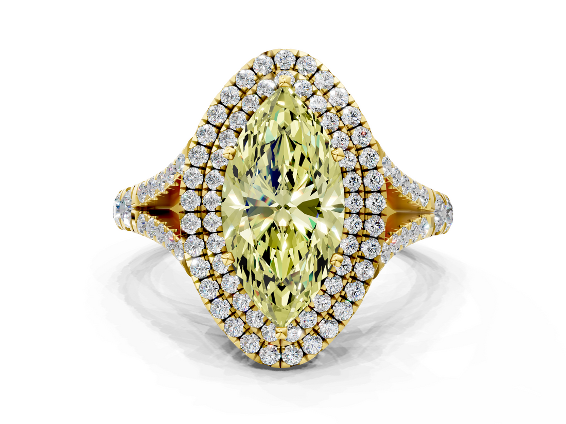 Yellow gold Double Halo Fancy Yellow Marquise  Cut Diamond Split Shank Ring with Four Prong Setting
