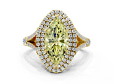 Yellow gold Double Halo Fancy Yellow Marquise  Cut Diamond Split Shank Ring with Four Prong Setting