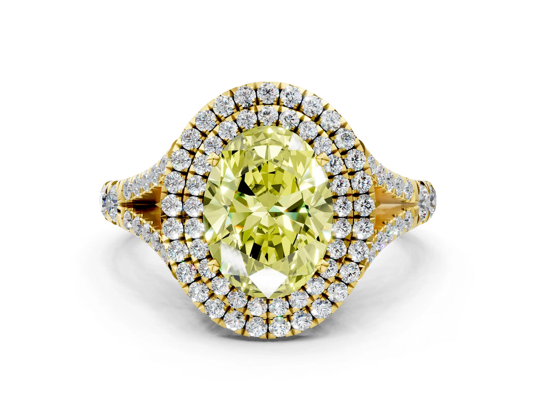 Yellow gold Double Halo Fancy Yellow Oval -Shaped Split Shank Diamond Ring with Prong Setting_15
