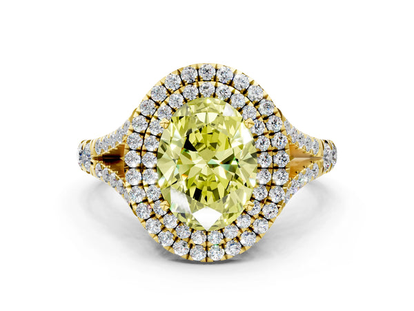 Yellow gold Fancy Yellow Oval Cut Diamond Double Halo Ring with Split Shank and Prong Setting