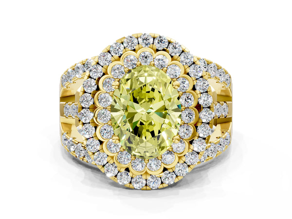 Yellow gold Double Halo Fancy Yellow Oval Cut Diamond Split Shank Pave Set Ring