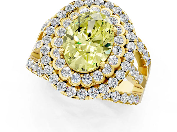 Yellow gold Double Halo Fancy Yellow Oval Cut Diamond Split Shank Pave Set Ring