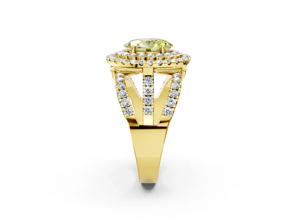 Yellow gold Double Halo Fancy Yellow Oval Cut Diamond Split Shank Pave Set Ring